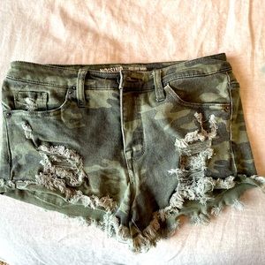 High rise cut off camo jean shorts